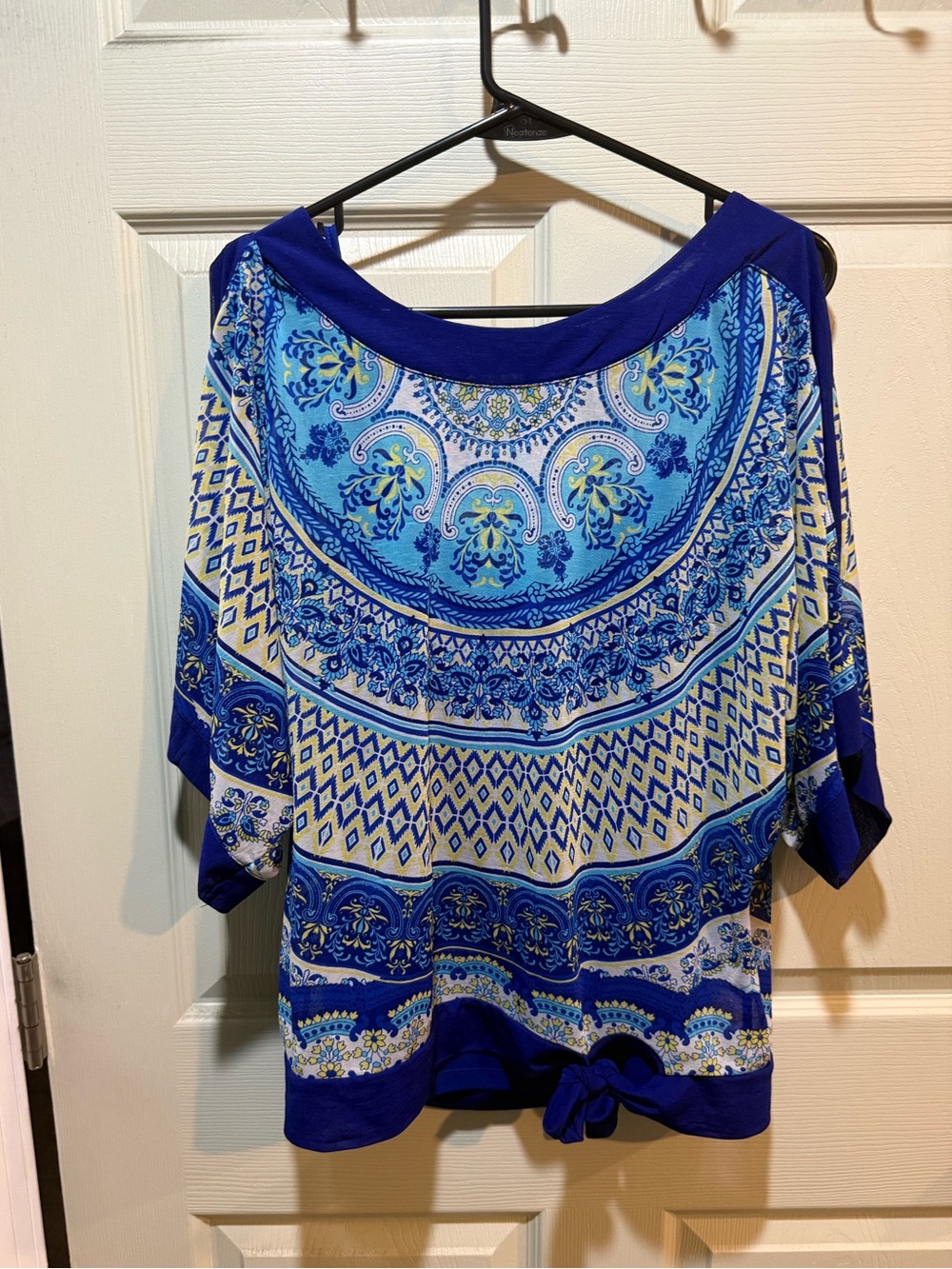 INC International Concepts Blue and Cream Printed Boatneck Blouse
